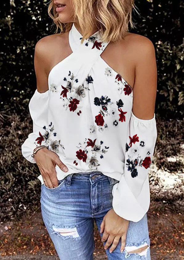 

Blouses Floral Halter Criss-Cross Ruffled Cold Shoulder Blouse in White. Size