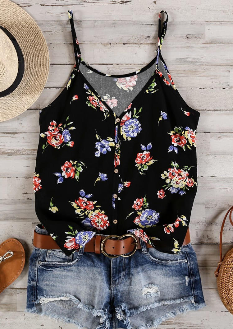 

Tank Tops Floral Button V-Neck Camisole in Black. Size: ,M,L