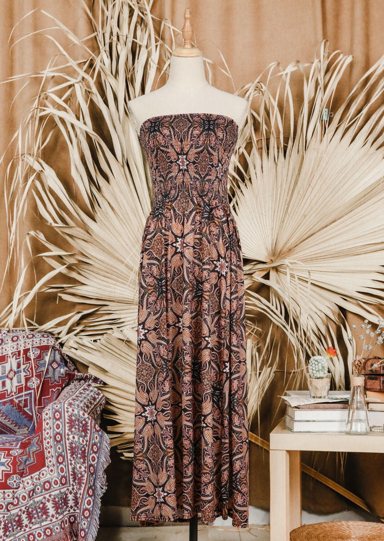 

Maxi Dresses Floral Ruffled Strapless Maxi Dress in Brown. Size