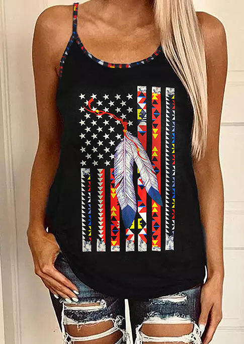 

Tank Tops American Flag Feather Star Criss-Cross Camisole in Black. Size: ,M,L,XL