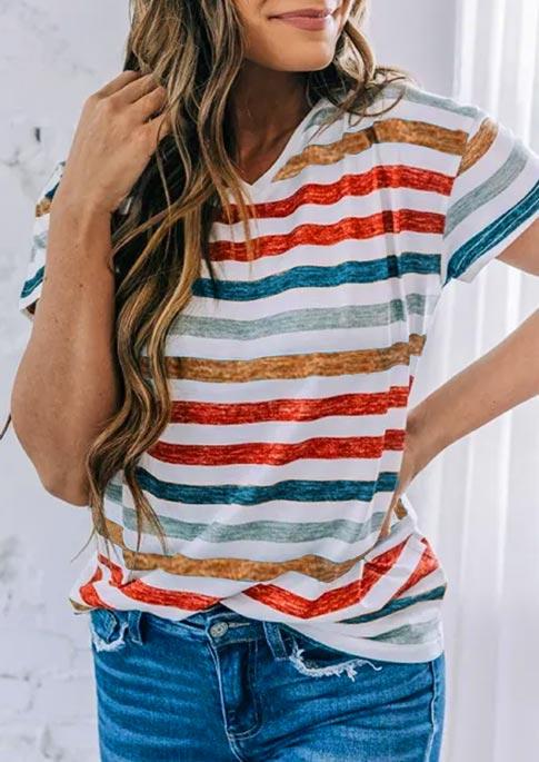 

Blouses Colorful Striped V-Neck Casual Blouse in White. Size