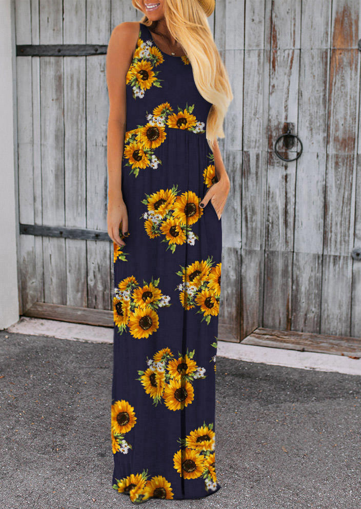 

Maxi Dresses Sunflower Ruffled Pocket Sleeveless Maxi Dress in Navy Blue. Size