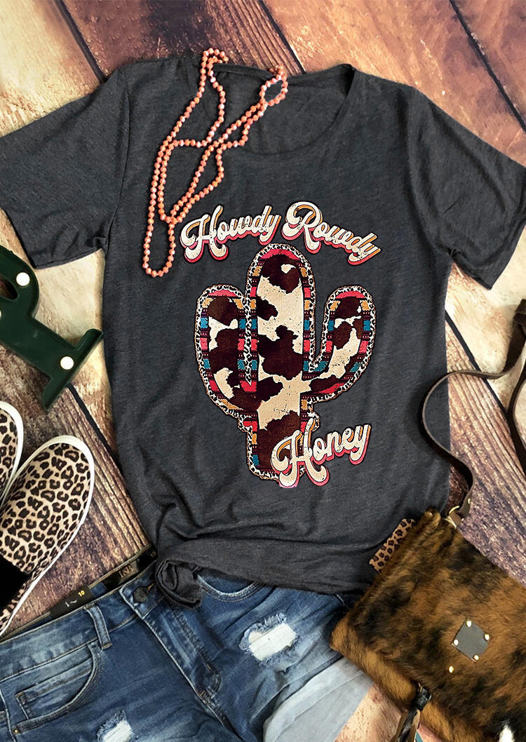 

T-shirts Tees Howdy Rowdy Honey Cow Cactus T-Shirt Tee in Dark Grey. Size