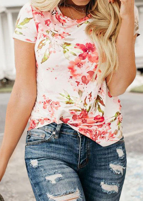 

Blouses Floral Leaf Short Sleeve O-Neck Blouse in Multicolor. Size