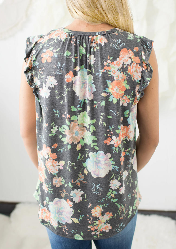 

Tank Tops Floral Ruffled O-Neck Tank Top in Multicolor. Size