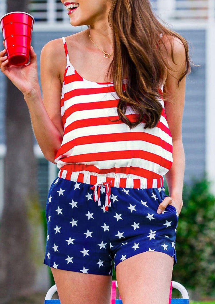 

Jumpsuits & Rompers American Flag Star Striped Drawstring Pocket Romper in Multicolor. Size: ,M,L,XL