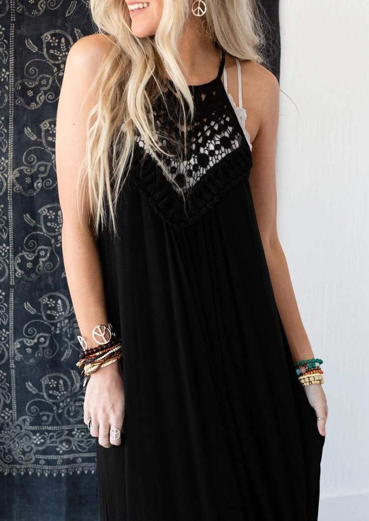 Maxi Dresses Lace Splicing Slit Sleeveless Maxi Dress in Black. Size: S,M,L