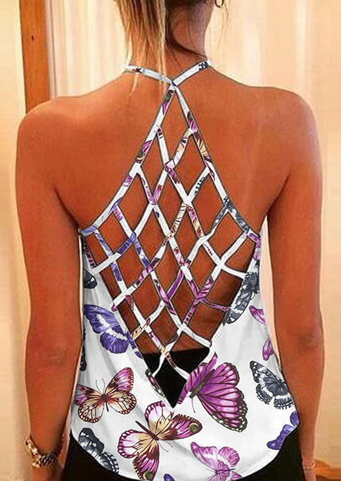 

Tank Tops Butterfly Open Back Criss-Cross Camisole in White. Size