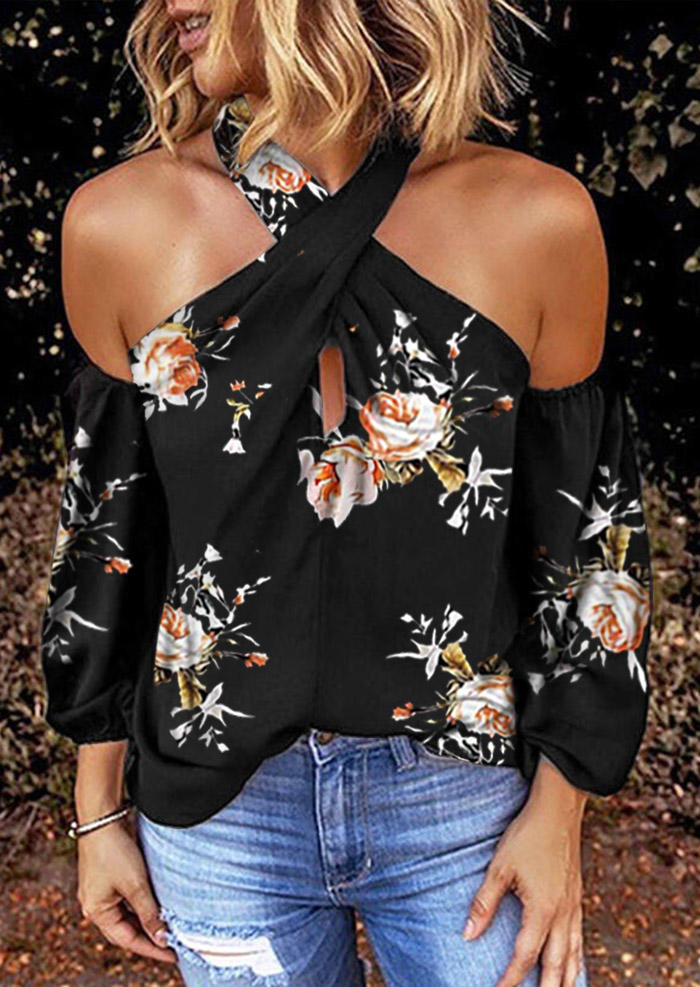 

Blouses Floral Criss-Cross Ruffled Cold Shoulder Blouse in Black. Size