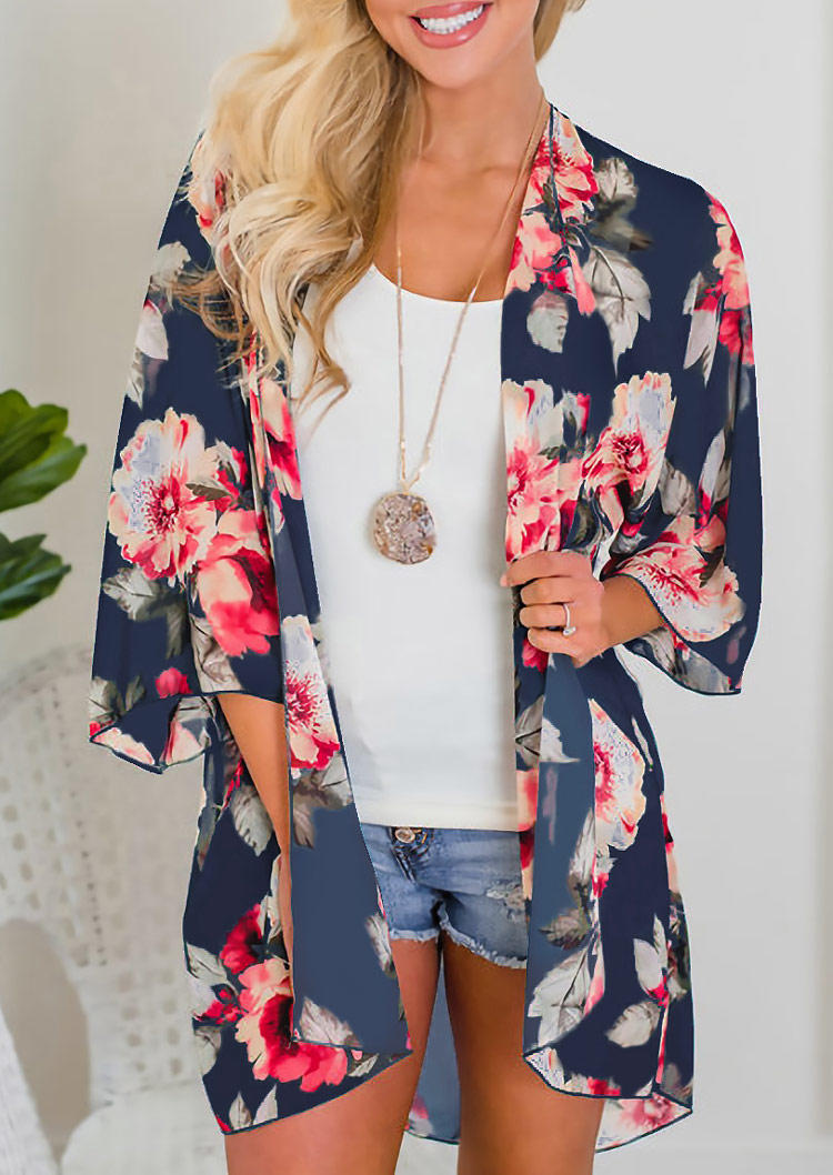 

Cardigans Floral Three Quarter Sleeve Open Front Cardigan in Gray. Size
