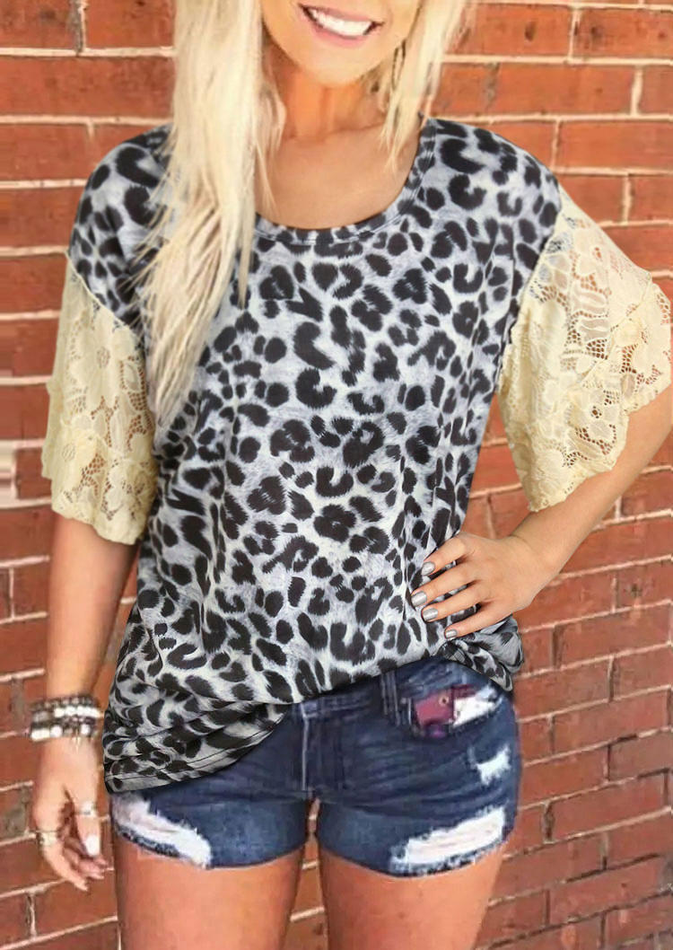 

Blouses Leopard Lace Splicing O-Neck Blouse in Leopard. Size: ,XL