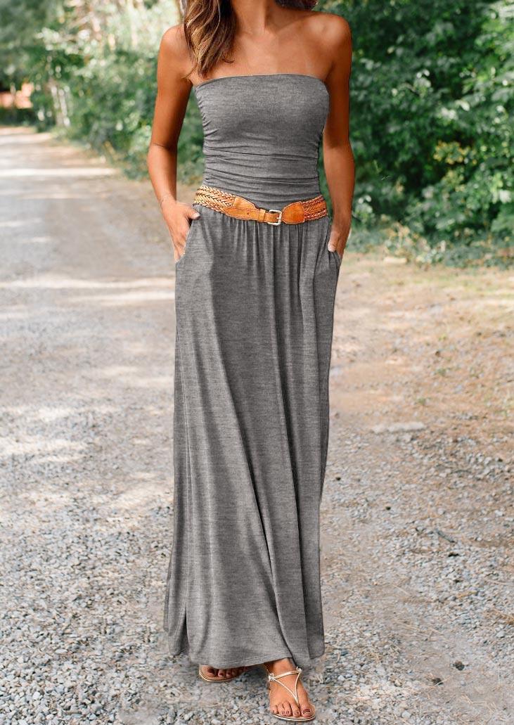 

Maxi Dresses Pocket Ruffled Strapless Maxi Dress in Gray. Size