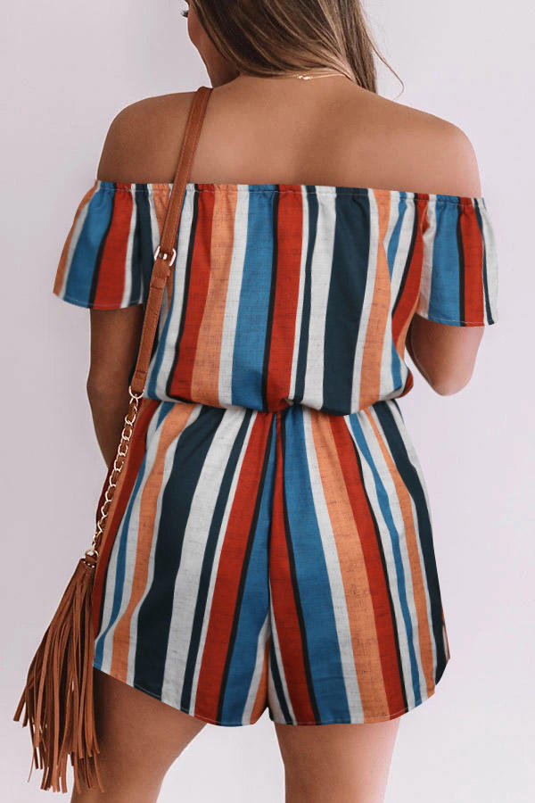 

Jumpsuits & Rompers Colorful Striped Tie Front Off Shoulder Romper in Stripe. Size