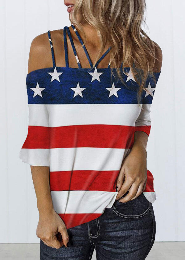 

Blouses American Flag Star Striped Off Shoulder Blouse in Multicolor. Size: ,L