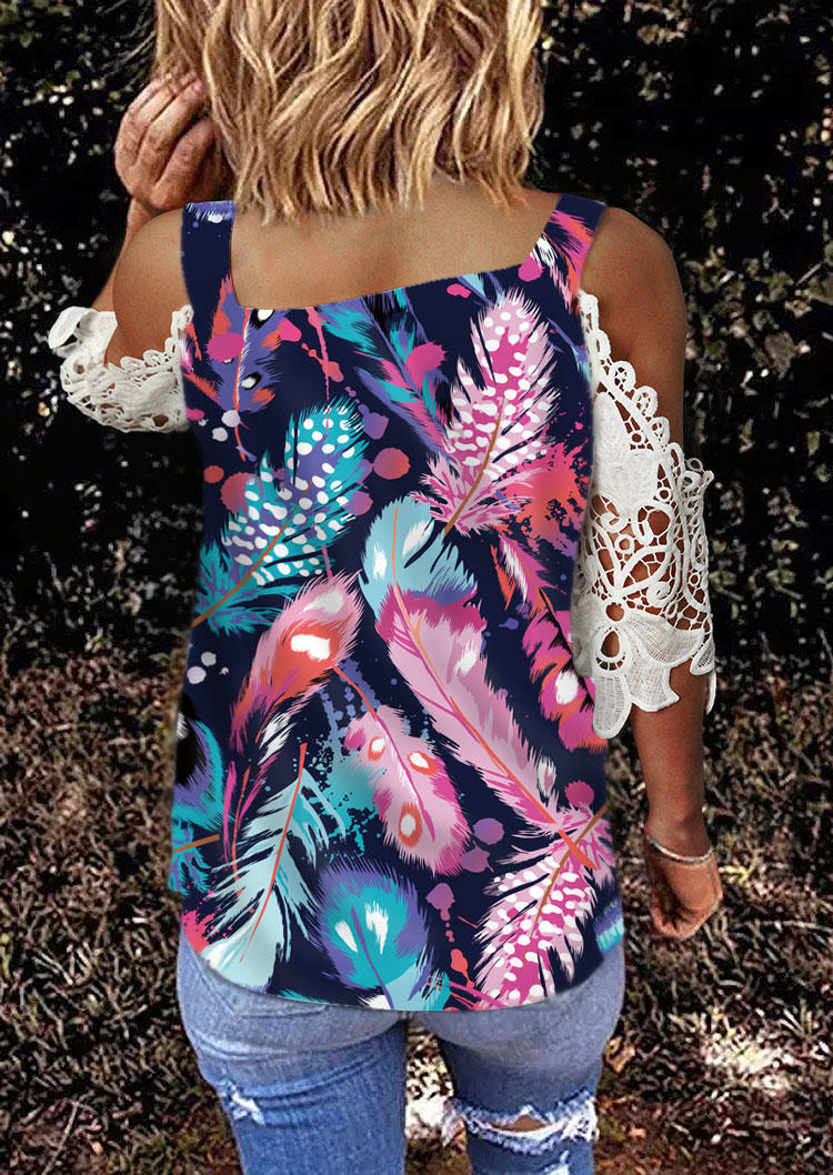 

Blouses Lace Feather Hollow Out Cold Shoulder Blouse in Multicolor. Size
