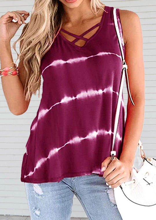 

Tank Tops Tie Dye Criss-Cross Sleeveless Tank Top in Plum. Size