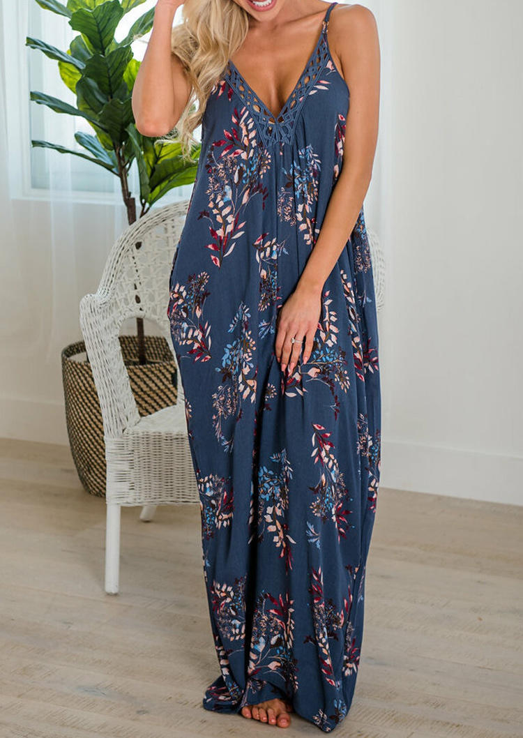 

Maxi Dresses Floral Pocket Hollow Out Spaghetti Strap V-Neck Maxi Dress in Blue. Size: ,L