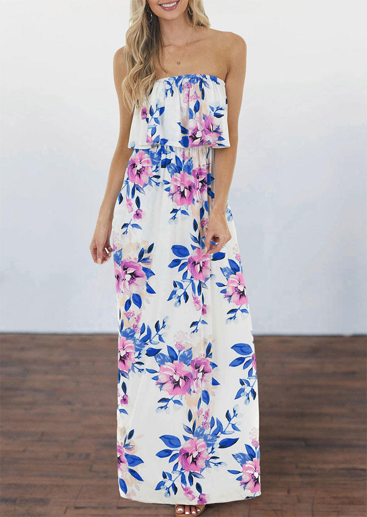 Maxi Dresses Floral Layered Strapless Pocket Elastic Waist Maxi Dress in White. Size: M,L