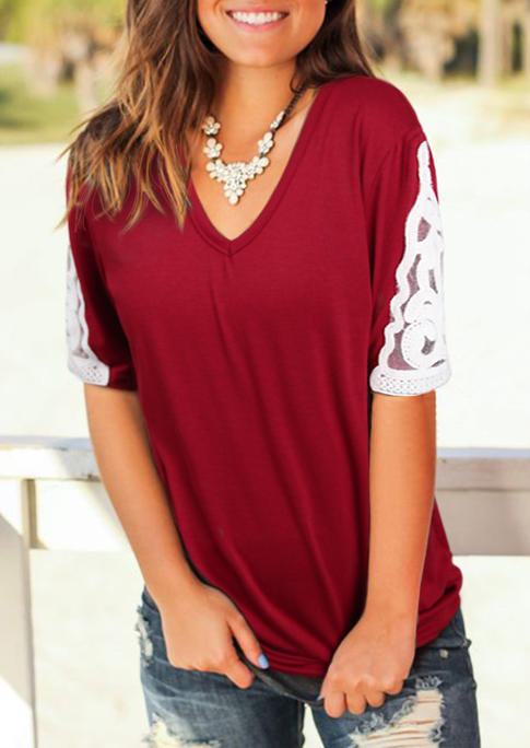 

Blouses Lace Splicing Short Sleeve V-Neck Blouse in Burgundy. Size