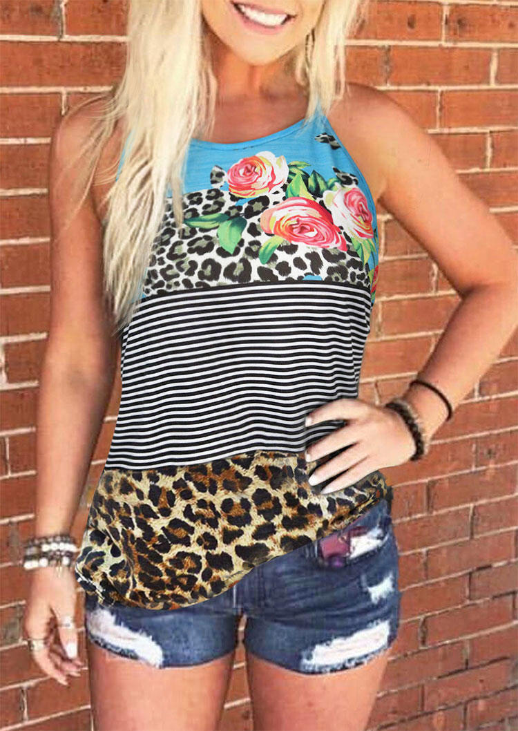 

Tank Tops Leopard Striped Floral Sleeveless Tank Top in Multicolor. Size: ,M,L