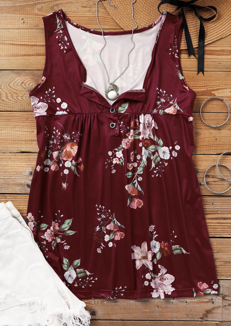 

Tank Tops Floral Snap Button Casual Tank Top in Burgundy. Size