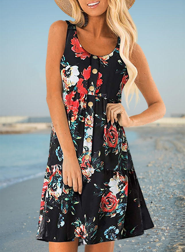 

Mini Dresses Floral Ruffled Button Sleeveless Mini Dress in Black. Size: ,M,L,XL