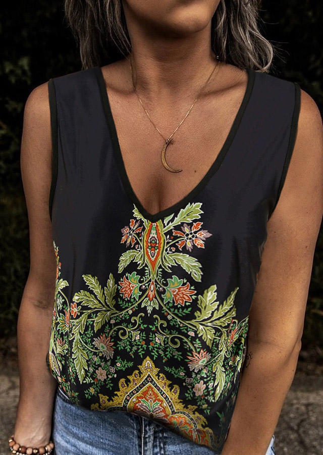 

Tank Tops Vintage Floral V-Neck Tank Top in Black. Size: ,XL