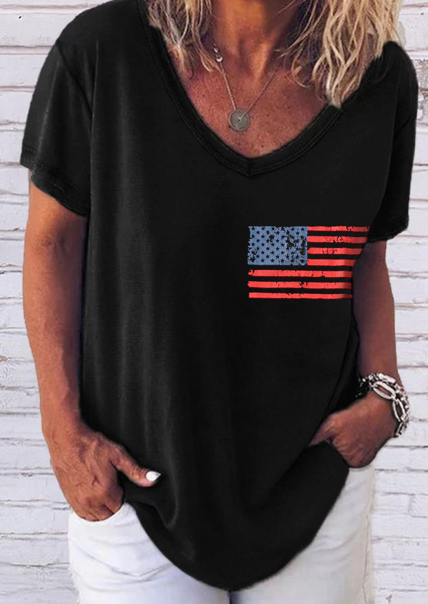 

T-shirts Tees American Flag Star Striped V-Neck T-Shirt Tee in Black. Size