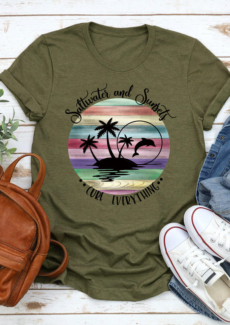 T-shirts Tees Saltwater And Sunsets Palm Tree Dolphin T-Shirt Tee in Army Green. Size: S,M,L