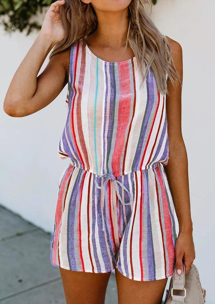 Jumpsuits & Rompers Colorful Striped O-Neck Sleeveless Romper in Multicolor. Size: L,M,S,XL
