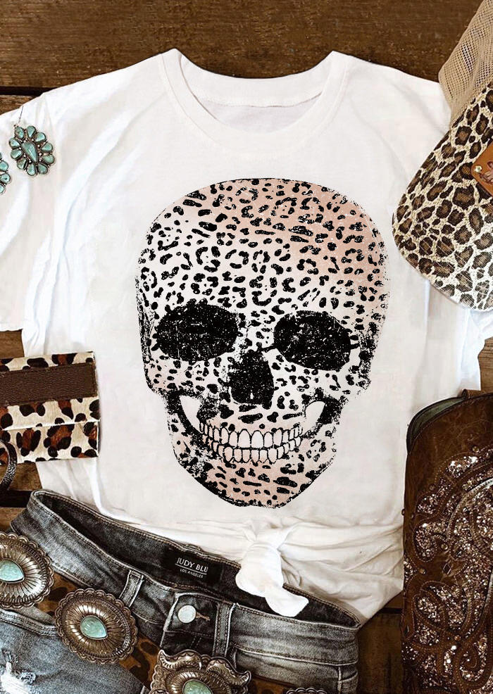 

T-shirts Tees Leopard Skull O-Neck T-Shirt Tee in White. Size