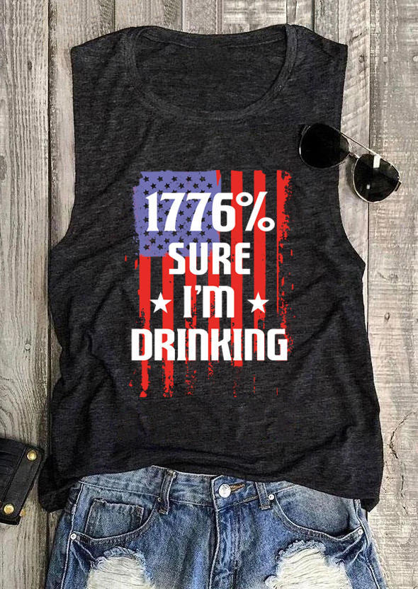 Tank Tops American Flag Star Striped 1776% Sure I'm Drinking Tank Top in Dark Grey. Size: S,L,XL,2XL,3XL