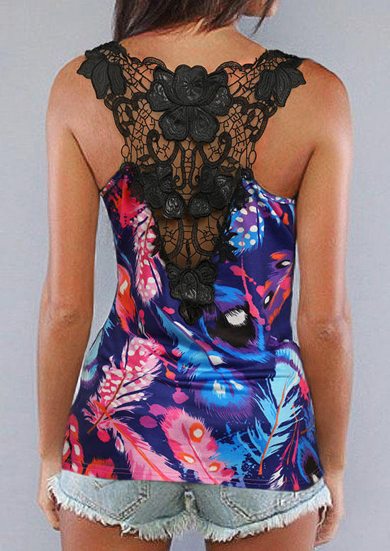 

Tank Tops Colorful Feather Floral Lace Splicing Racerback Tank Top in Multicolor. Size