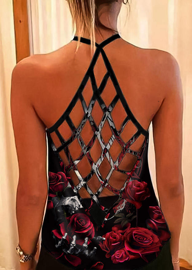 

Tank Tops Slipknot Skull Floral Hollow Out Camisole in Black. Size