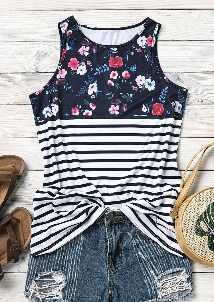 

Tank Tops Floral Striped Sleeveless Tank Top in Multicolor. Size