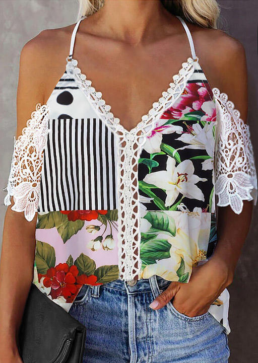 

Blouses Striped Floral Polka Dot Lace Splicing Spaghetti Strap Blouse in Multicolor. Size: ,M,L,XL