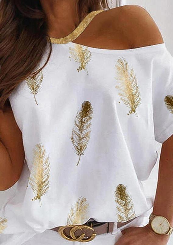 

Blouses Feather One Sided Cold Shoulder Blouse in White. Size: ,L