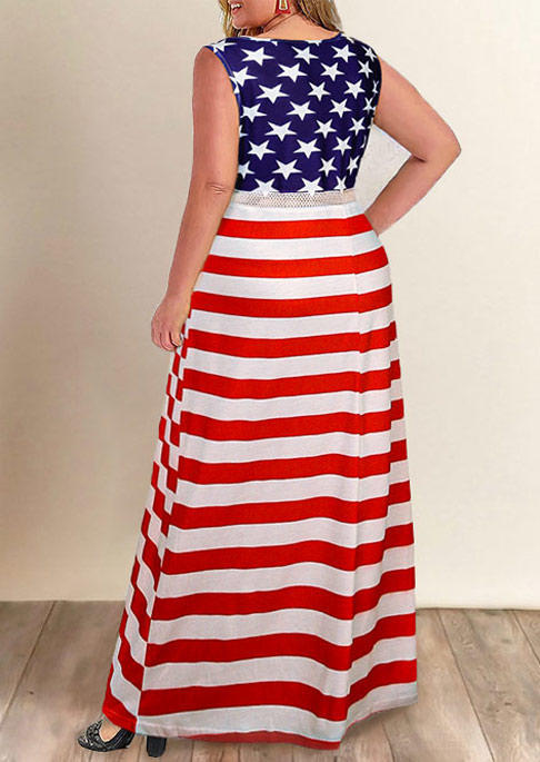 Plus Size Dresses Plus Size American Flag Star Striped Sleeveless Maxi Dress in Multicolor. Size: L,XL