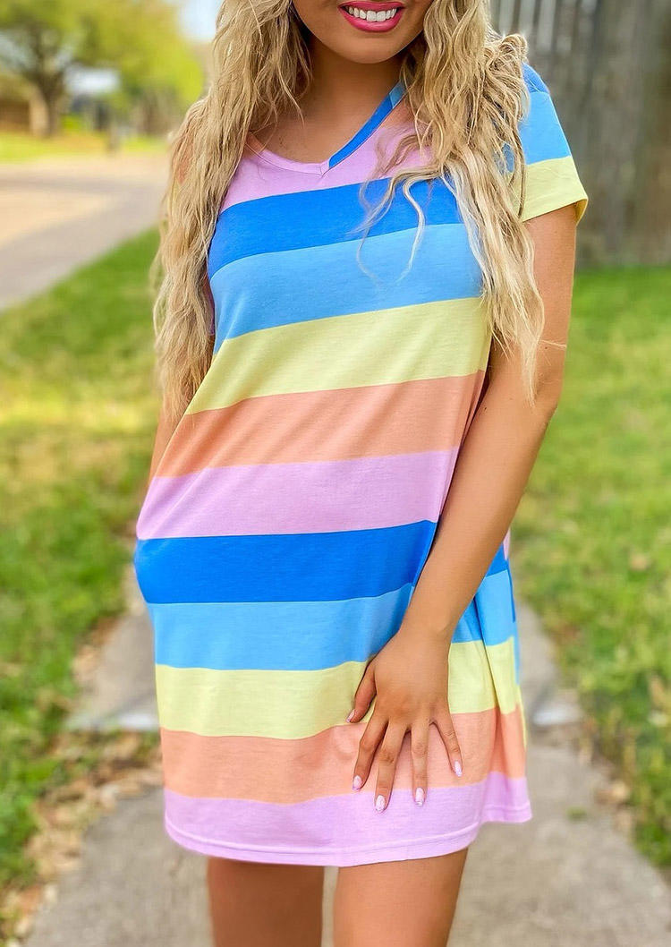 

Mini Dresses Colorful Striped Pocket V-Neck Mini Dress in Multicolor. Size