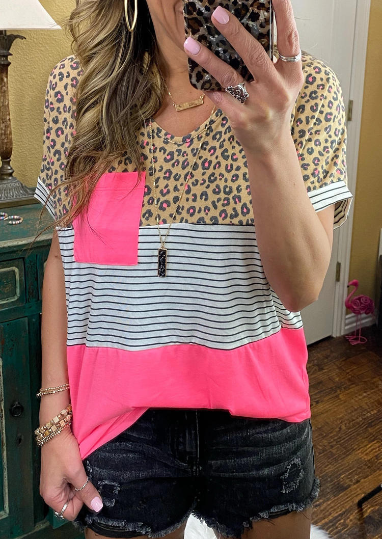 

Blouses Leopard Striped Color Block Pocket Blouse in Multicolor. Size