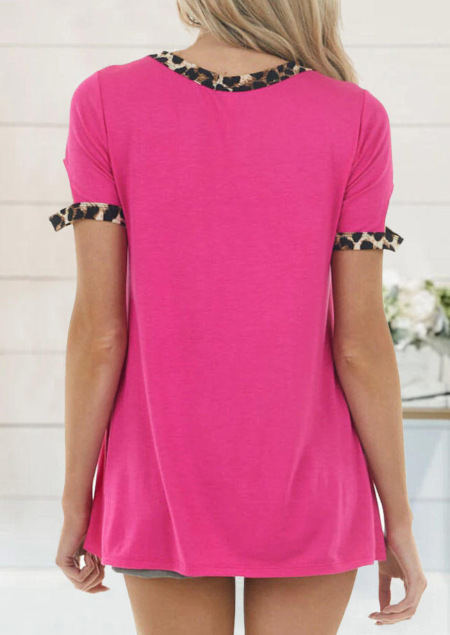 

Blouses Leopard Splicing Hollow Out Blouse in Rose Red. Size: ,M,L