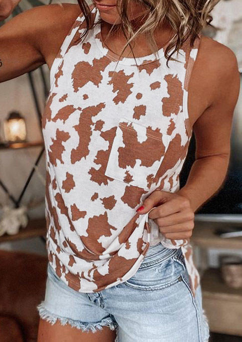 

Tank Tops Western Cow Pocket Casual Tank Top in White. Size