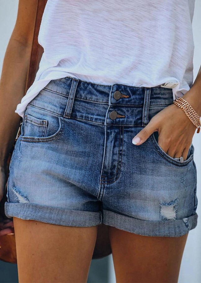 

Shorts Button Pocket Ripped Hole Denim Shorts in Blue. Size