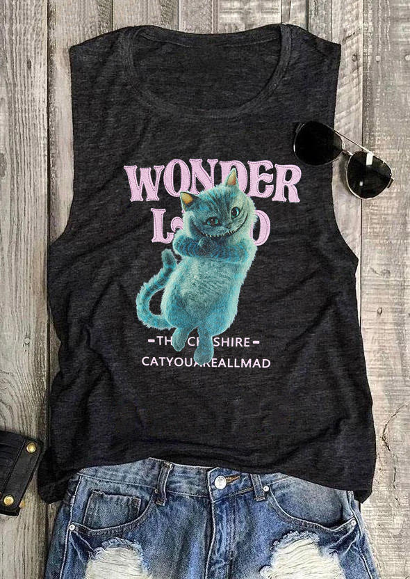 

Tank Tops Wonderland The Cheshire Cat You Are All Mad Tank Top in Dark Grey. Size: ,M,L,XL