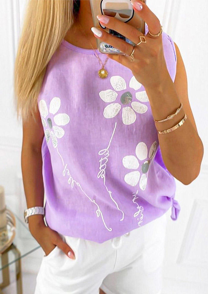 

Tank Tops Flower Tie O-Neck Casual Tank Top in Purple. Size