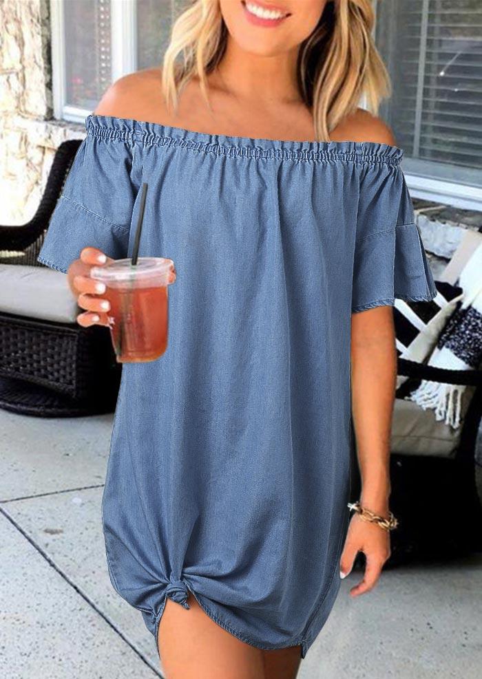 

Mini Dresses Ruffled Off Shoulder Flare Sleeve Denim Mini Dress in Blue. Size: ,M,L,XL
