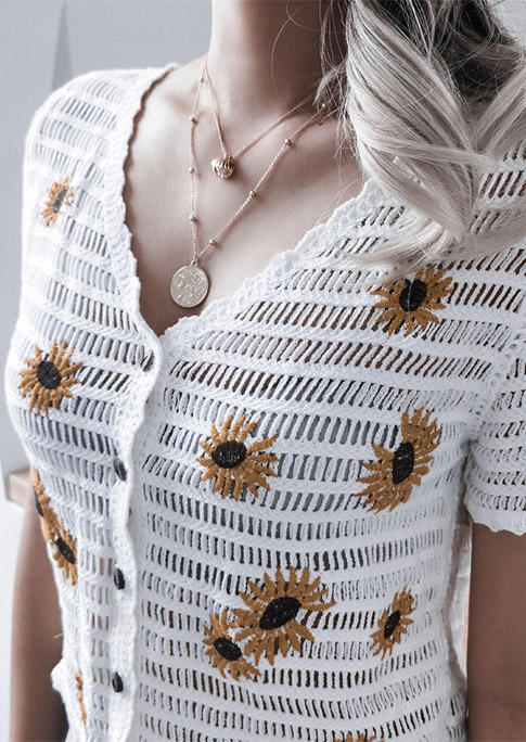 

Blouses Sunflower Crochet Knitted Hollow Out Blouse in White. Size