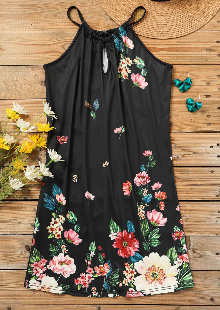 Mini Dresses Floral Hollow Out Halter Mini Dress in Black. Size: M