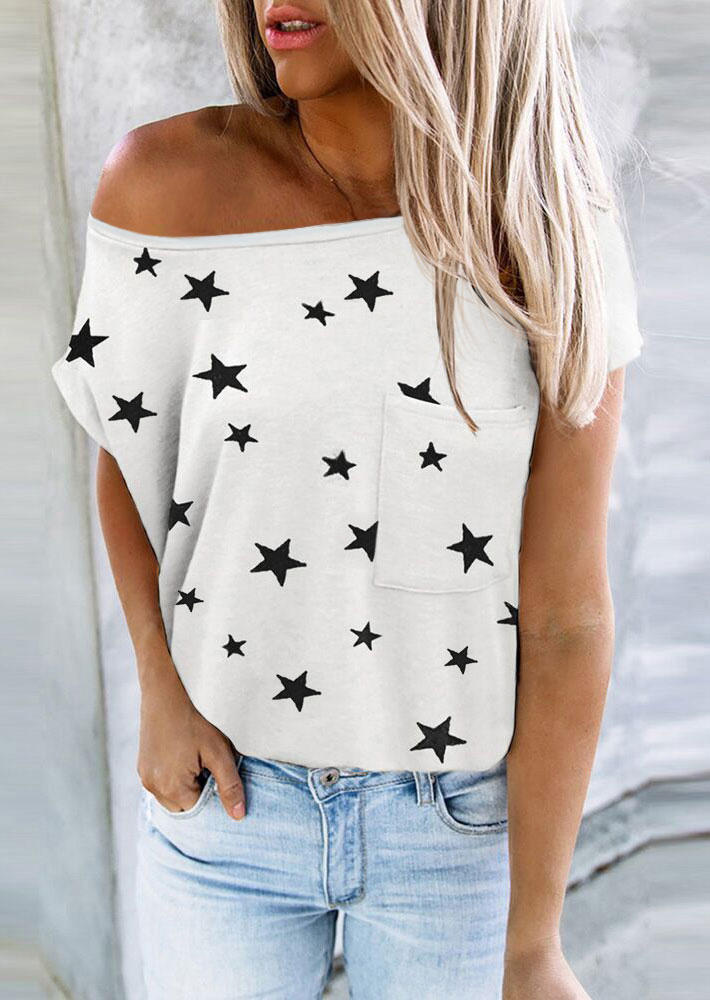

Blouses Star Pocket Short Sleeve O-Neck Blouse in White. Size