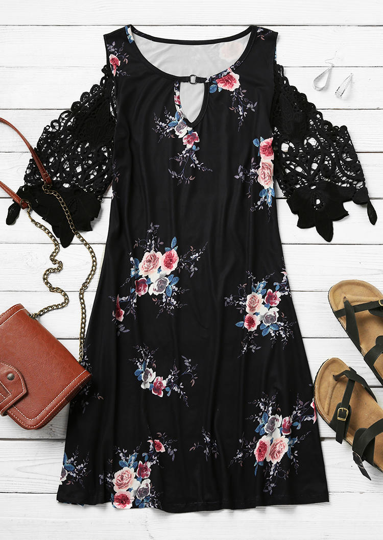 

Mini Dresses Floral Lace Splicing Hollow Out Mini Dress in Black. Size